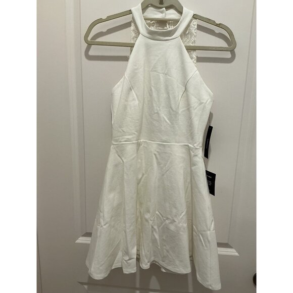 Lulus Dresses & Skirts - Lulus Dress Medium Hometown Girl Halter White Lace Skater Stretch Knit NWT